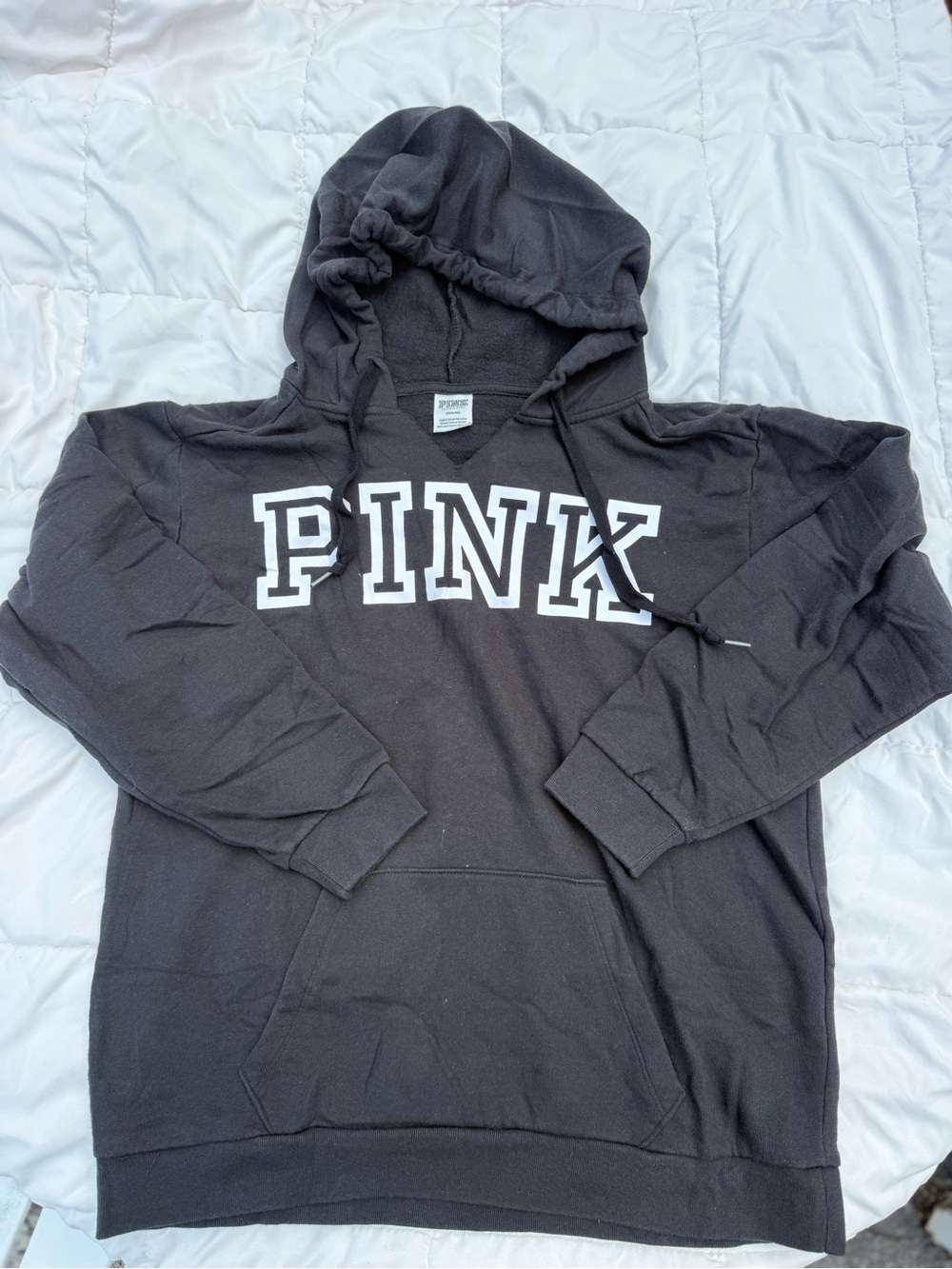 PINK Victoria's Secret Black Pullover Hoodie with White Logo
